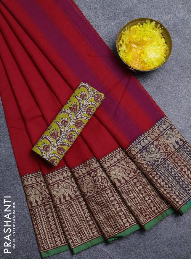 Narayanpet cotton saree red and light green with plain body and long thread woven border