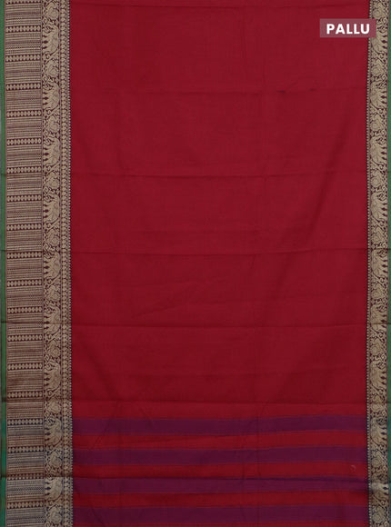 Narayanpet cotton saree red and light green with plain body and long thread woven border