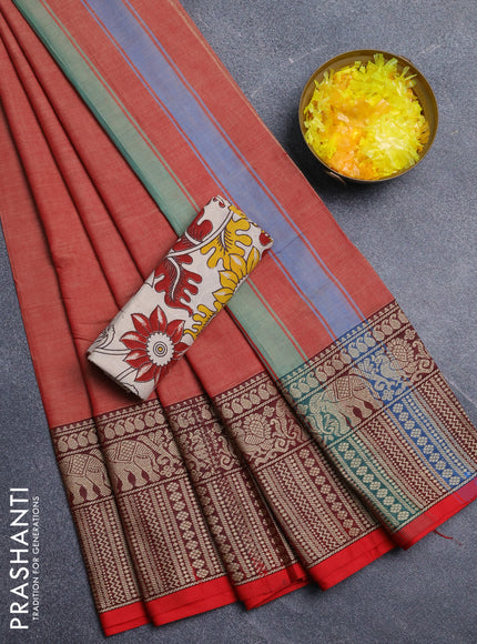 Narayanpet cotton saree red shade and beige with plain body and long thread woven border