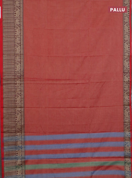 Narayanpet cotton saree red shade and beige with plain body and long thread woven border