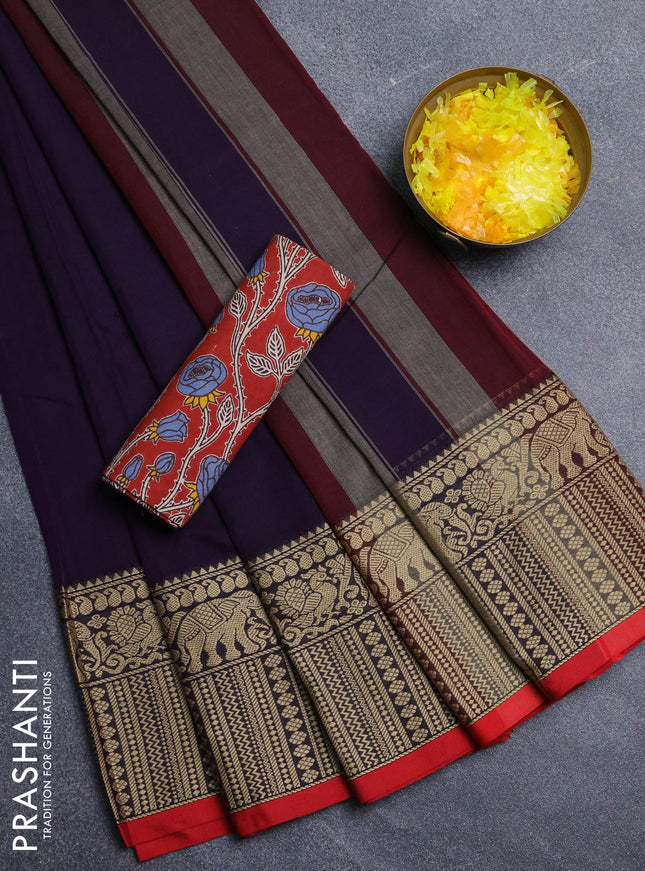 Narayanpet cotton saree wine shade and maroon with plain body and long thread woven border