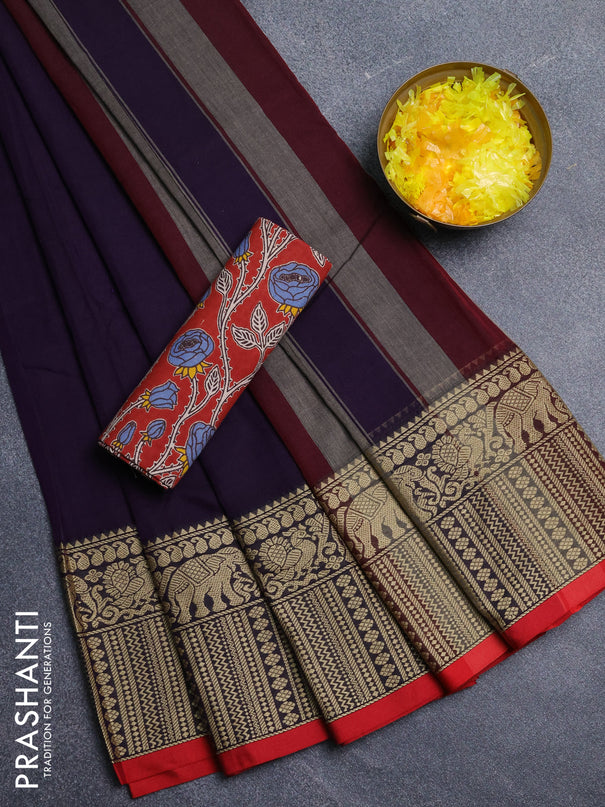 Narayanpet cotton saree wine shade and maroon with plain body and long thread woven border