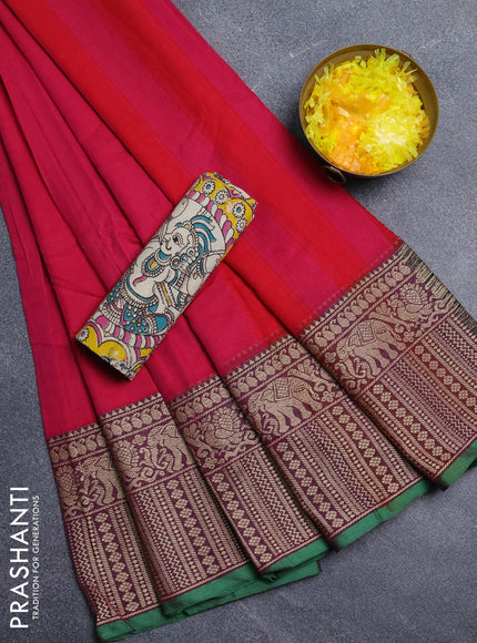 Narayanpet cotton saree pink and green beige with plain body and long thread woven border