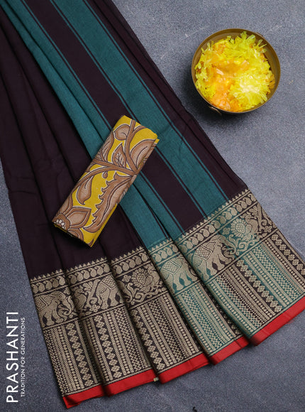 Narayanpet cotton saree wine shade and red yellow with plain body and long thread woven border