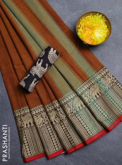 Narayanpet cotton saree honey shade and red black with plain body and long thread woven border
