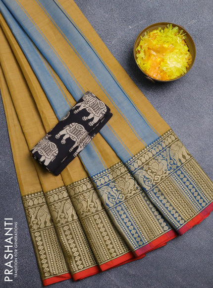 Narayanpet cotton saree mustard shade and orange with plain body and long thread woven border