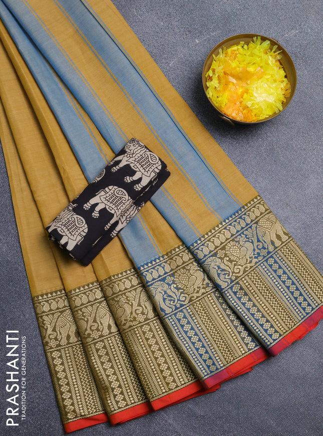 Narayanpet cotton saree mustard shade and orange with plain body and long thread woven border