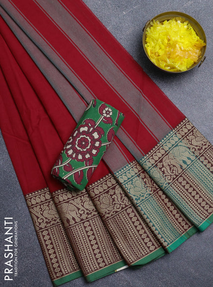 Narayanpet cotton saree red and green with plain body and long thread woven border