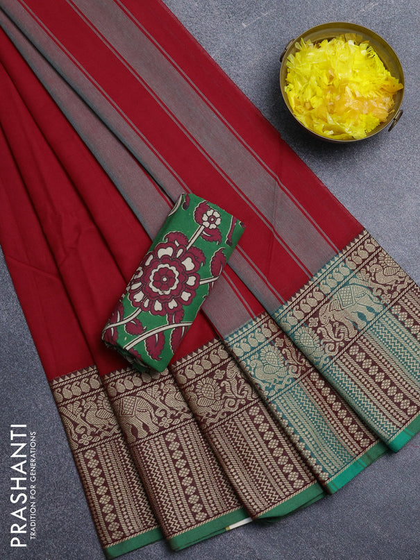 Narayanpet cotton saree red and green with plain body and long thread woven border