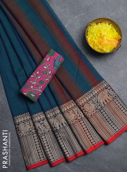 Narayanpet cotton saree dual shade of bluish green and red pink with plain body and long thread woven border