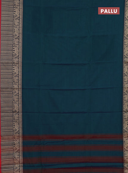 Narayanpet cotton saree dual shade of bluish green and red pink with plain body and long thread woven border