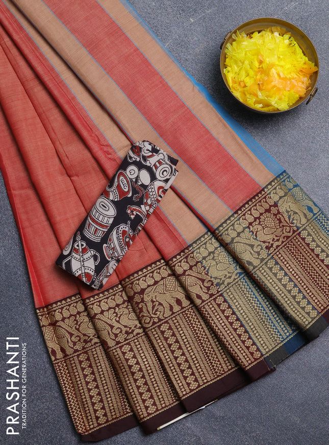 Narayanpet cotton saree red shade and maroon black with plain body and long thread woven border