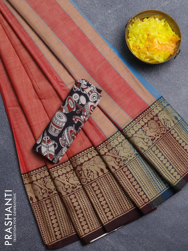 Narayanpet cotton saree red shade and maroon black with plain body and long thread woven border
