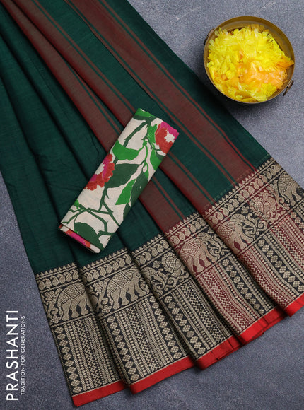 Narayanpet cotton saree green and red beige with plain body and long thread woven border