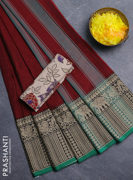 Narayanpet cotton saree maroon and green beige with plain body and long thread woven border