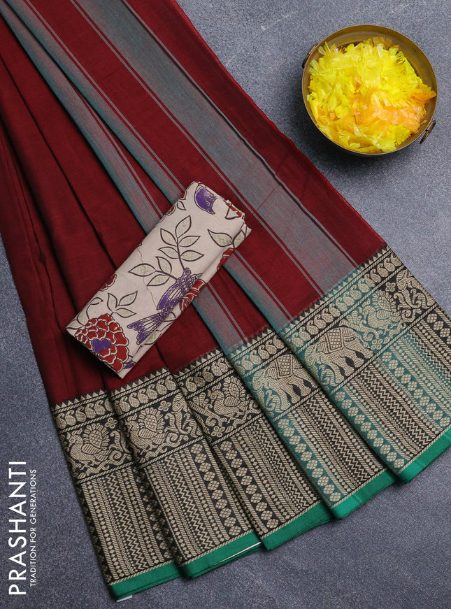 Narayanpet cotton saree maroon and green beige with plain body and long thread woven border