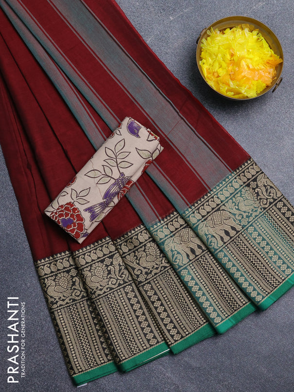 Narayanpet cotton saree maroon and green beige with plain body and long thread woven border