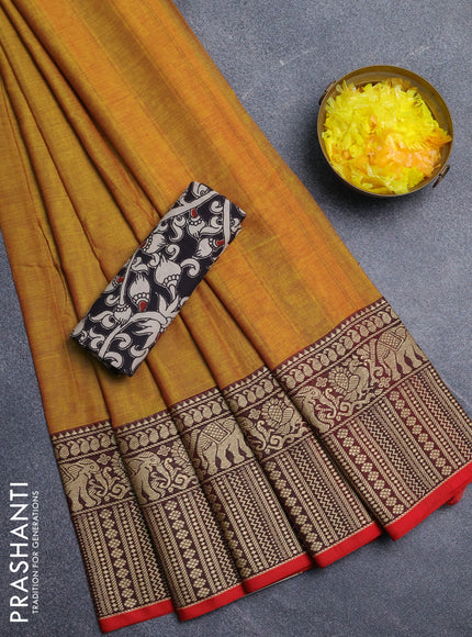 Narayanpet cotton saree dual shade of mustard yellow and red black with plain body and long thread woven border