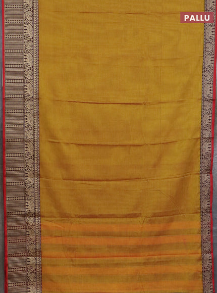 Narayanpet cotton saree dual shade of mustard yellow and red black with plain body and long thread woven border
