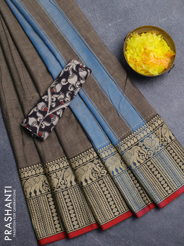 Narayanpet cotton saree chikku shade and red black with plain body and long thread woven border