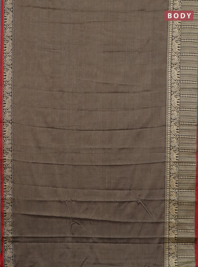 Narayanpet cotton saree chikku shade and red black with plain body and long thread woven border