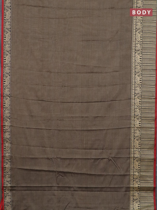 Narayanpet cotton saree chikku shade and red black with plain body and long thread woven border