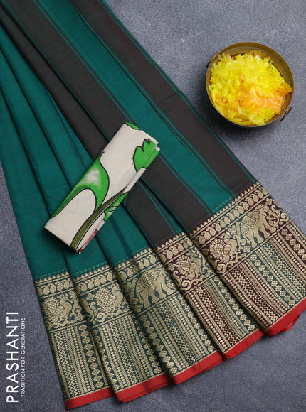 Narayanpet cotton saree green and red beige with plain body and long thread woven border