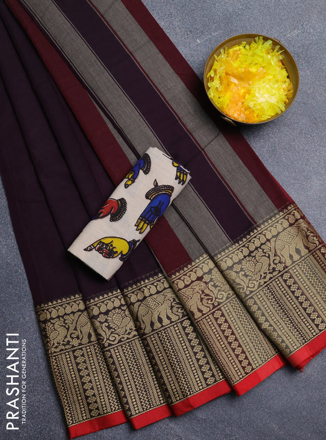 Narayanpet cotton saree wine shade and beige with plain body and long thread woven border