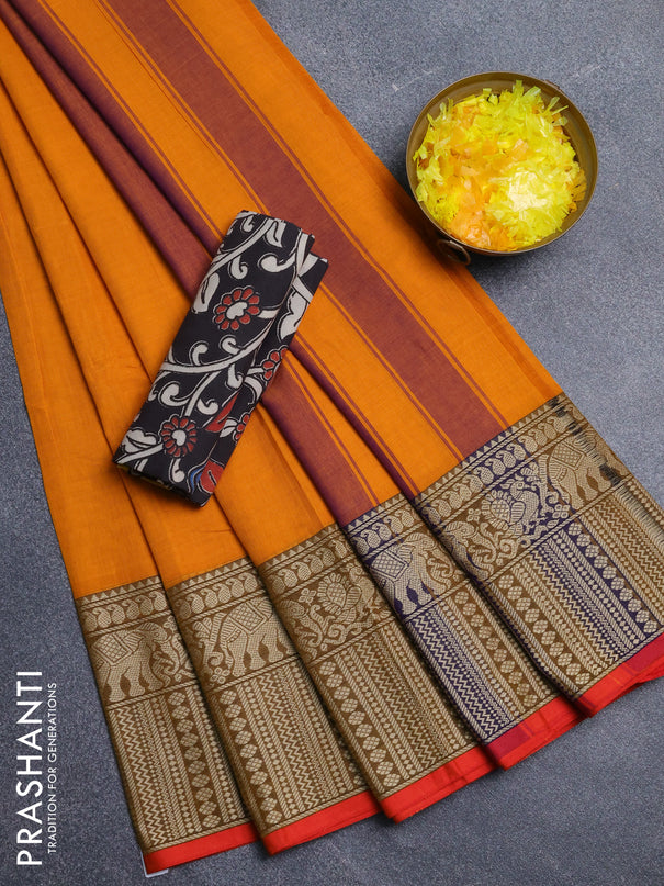 Narayanpet cotton saree mustard yellow and orange black with plain body and long thread woven border