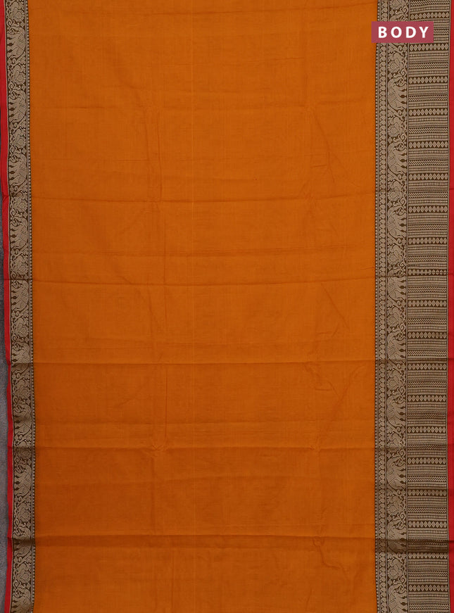 Narayanpet cotton saree mustard yellow and orange black with plain body and long thread woven border