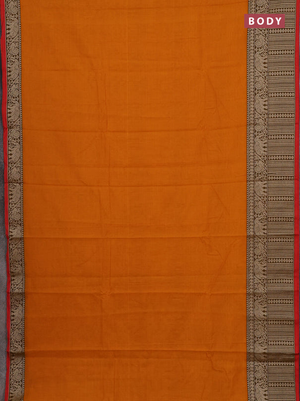 Narayanpet cotton saree mustard yellow and orange black with plain body and long thread woven border