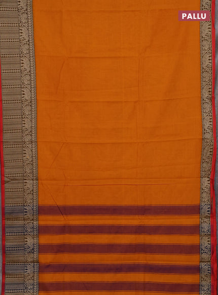 Narayanpet cotton saree mustard yellow and orange black with plain body and long thread woven border