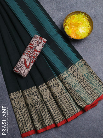 Narayanpet cotton saree bottle green and red maroon with plain body and long thread woven border