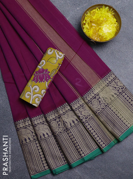 Narayanpet cotton saree purple and green yellow with plain body and long thread woven border