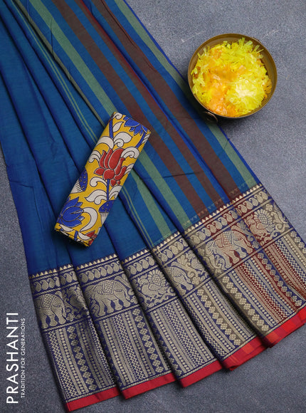 Narayanpet cotton saree dual shade of bluish green and red yellow with plain body and long thread woven border