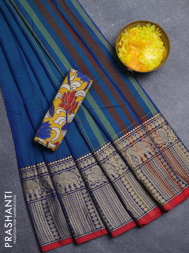Narayanpet cotton saree dual shade of bluish green and red yellow with plain body and long thread woven border