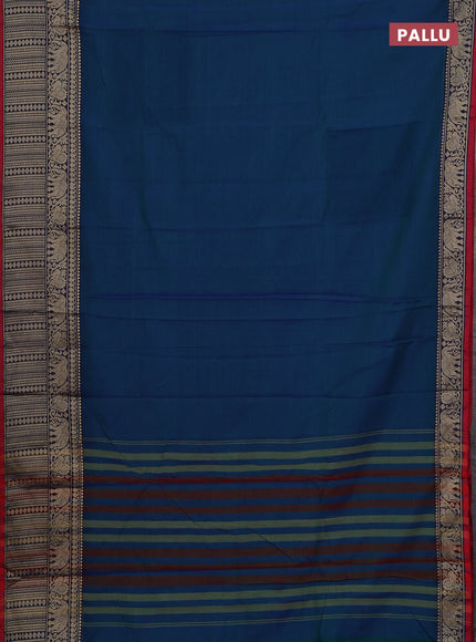 Narayanpet cotton saree dual shade of bluish green and red yellow with plain body and long thread woven border