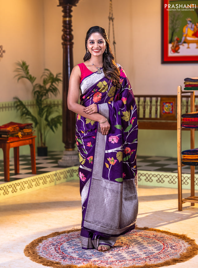 Art mushru silk saree violet with allover thread & zari woven jamdhani weaves and zari woven border