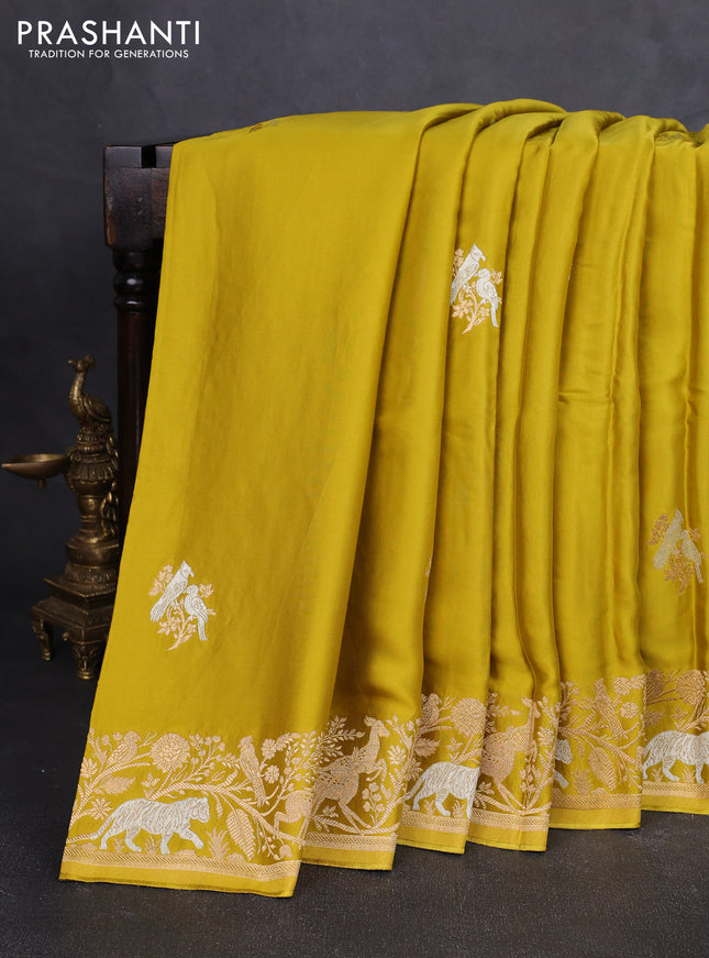 Art mushru silk saree mustard green with silver & gold zari woven buttas and zari woven border