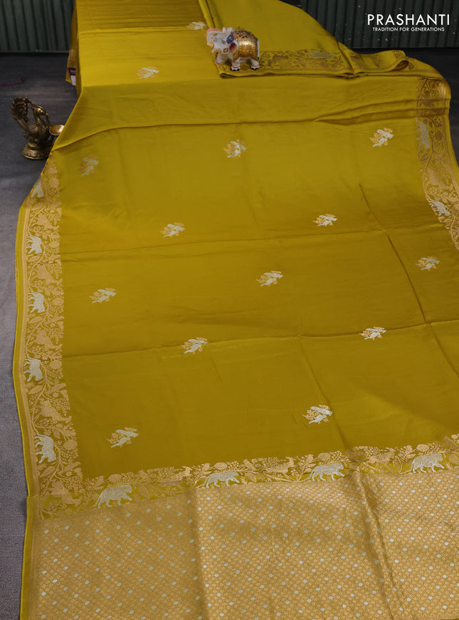 Art mushru silk saree mustard green with silver & gold zari woven buttas and zari woven border