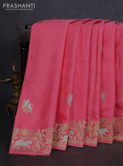 Art mushru silk saree peach pink with silver & gold zari woven buttas and zari woven border