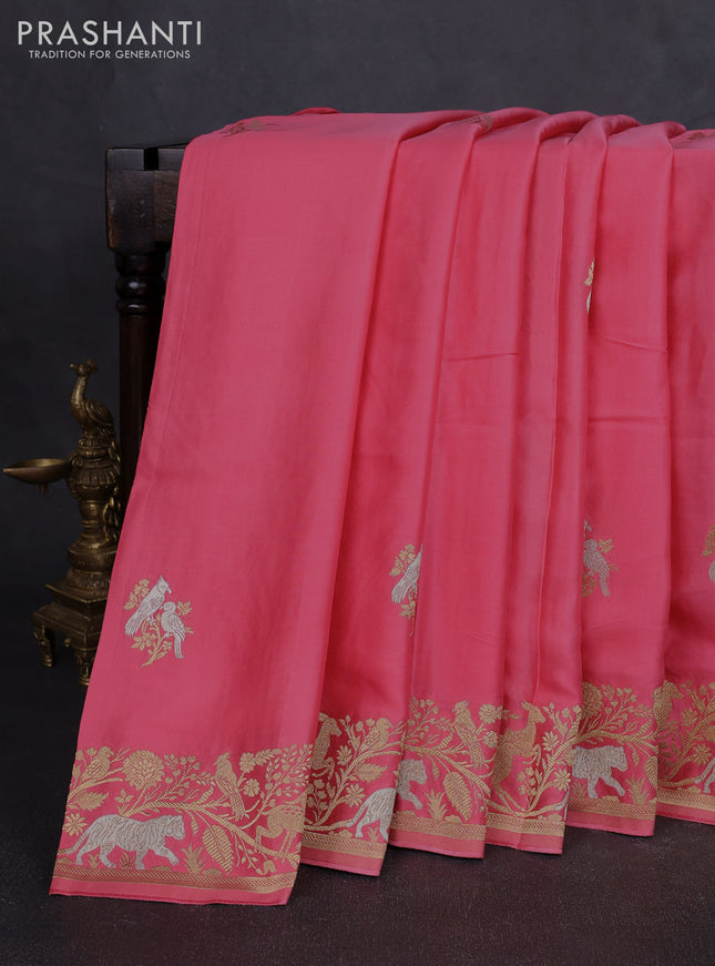 Art mushru silk saree peach pink with silver & gold zari woven buttas and zari woven border