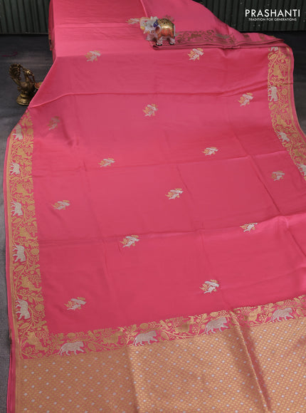 Art mushru silk saree peach pink with silver & gold zari woven buttas and zari woven border