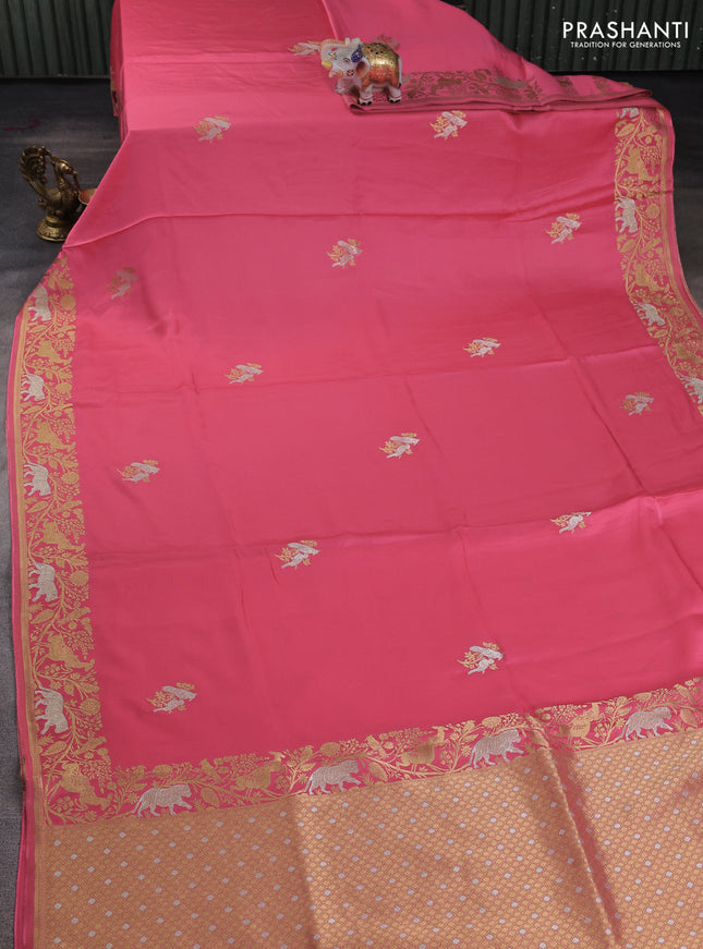 Art mushru silk saree peach pink with silver & gold zari woven buttas and zari woven border