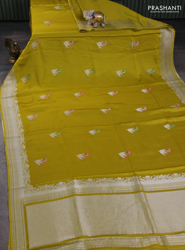 Art mushru silk saree lime yellow with zari woven buttas and zari woven border