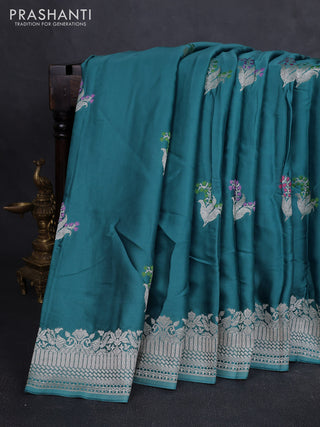 Art mushru silk saree teal blue shade with zari woven buttas and zari woven border