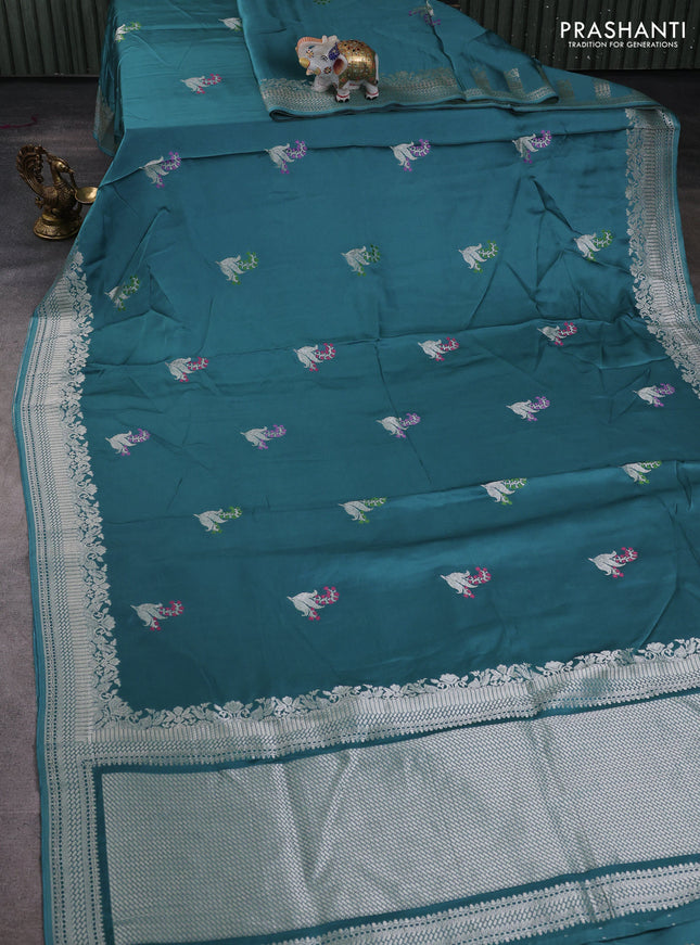 Art mushru silk saree teal blue shade with zari woven buttas and zari woven border