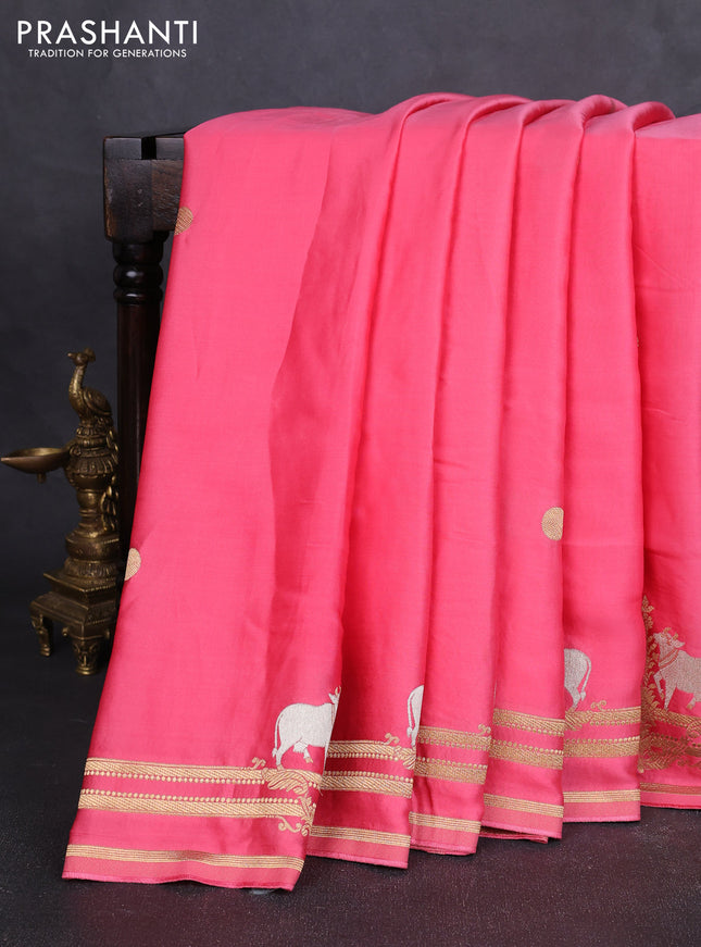 Art mushru silk saree peach pink with zari woven coin buttas and zari woven border