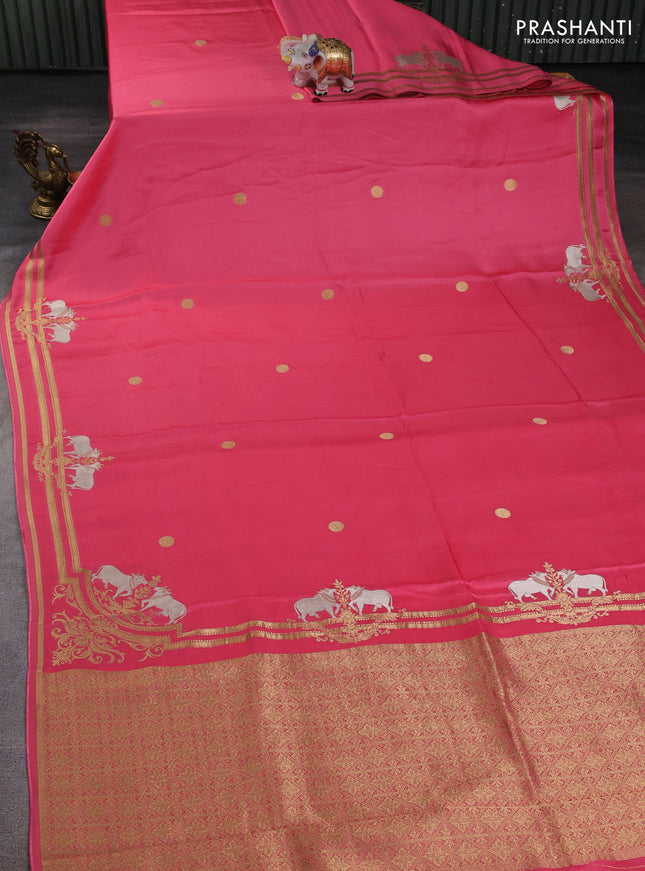 Art mushru silk saree peach pink with zari woven coin buttas and zari woven border
