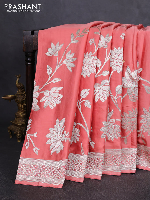 Art mushru silk saree peach shade with zari woven buttas and long zari woven border